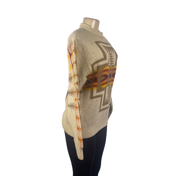 Pendleton Mens Beige Wool Sweater Multicolor Native American Print Size M - Picture 3 of 8